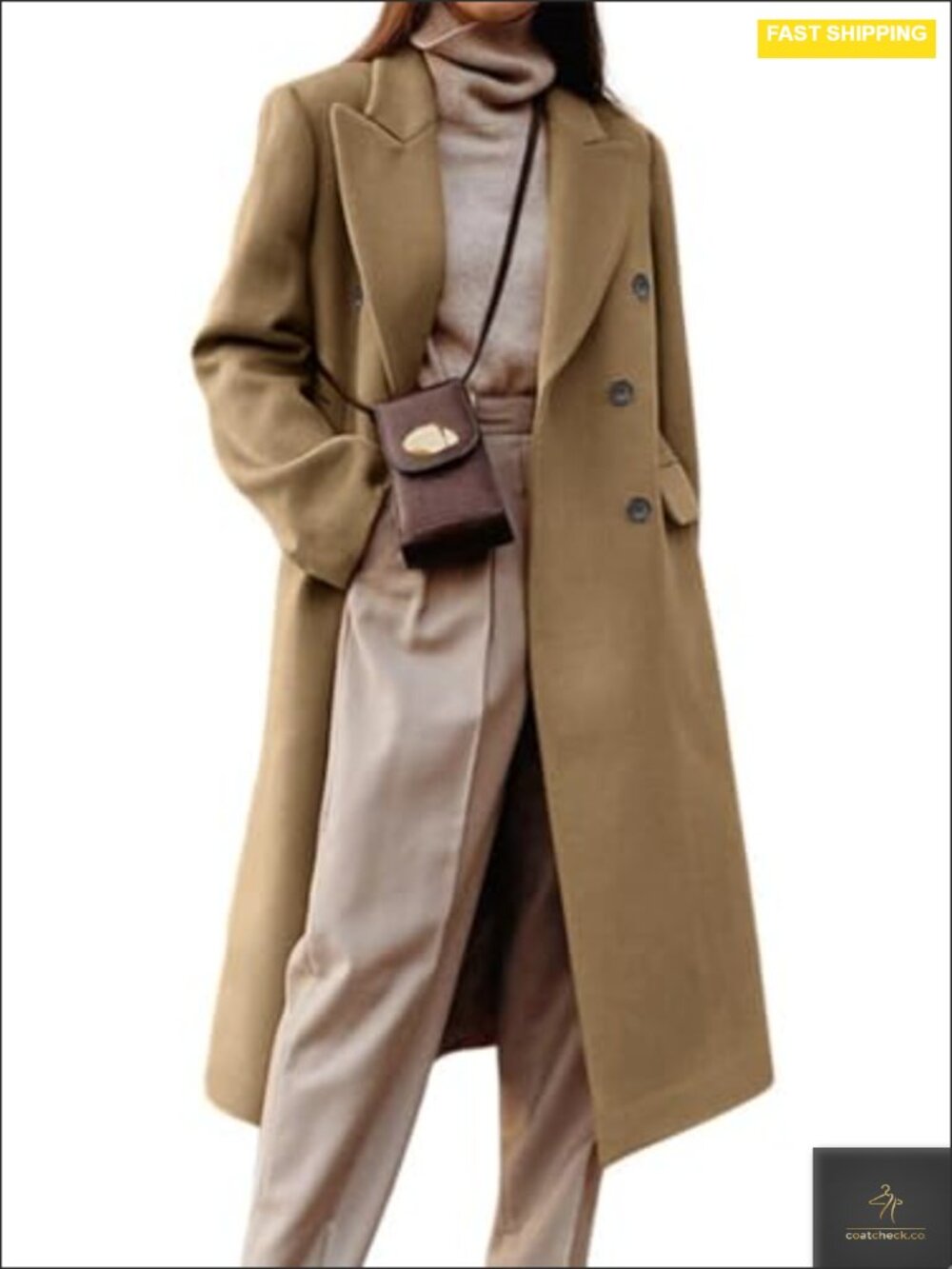 Womens Double Breasted Wool Blend Pea Coat Notched Lapel Long Winter Jacket